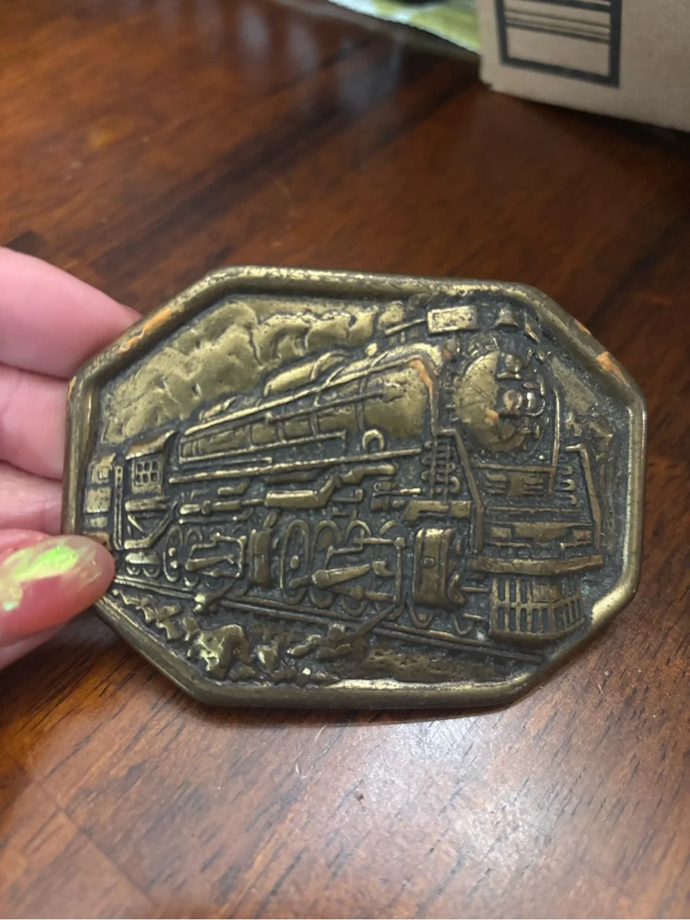 Brass Train Motif Octagonal Belt Buckle - Antique Look Vintage Avon